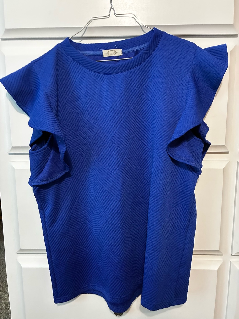Boutique Textured Ruffle Sleeve Crewneck Top - and short set Royal Blue